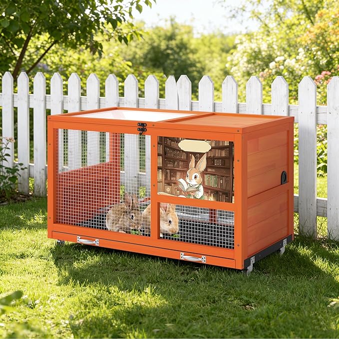 COZIWOW 36.5-Inch Double-Decker Wooden Insulated Rabbit Hutch with Wheels, Heated Rabbit Cage Featuring A Cleaning Tray and Ladder—Stylish&Easy to Assemble（Orange and Warm）