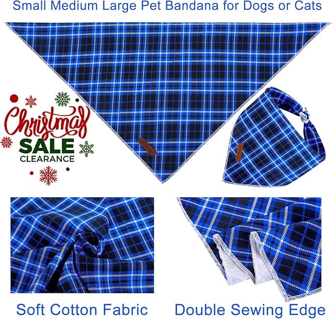 Christmas Dog Bandana, UP URARA PUP Blue Plaid Triangle Bid Scarf, Cotton Pet Kerchief for Girl Boy Dogs or Cats, Blue Winter Dog Bandana, Fancy for Puppy