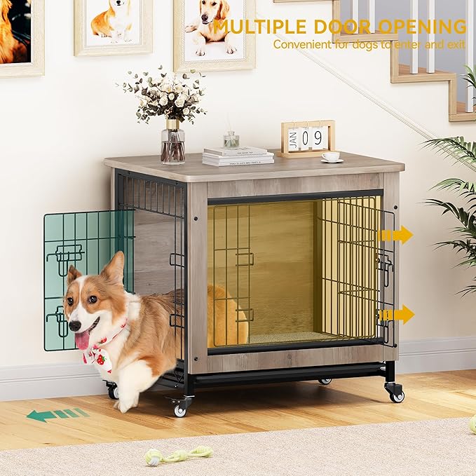 DWVO Dog Crate Furniture with Wheels, 27" Dog Kennel Indoor with Cushion, Dog Crate End Table with Tray for Small Dog (Grey)