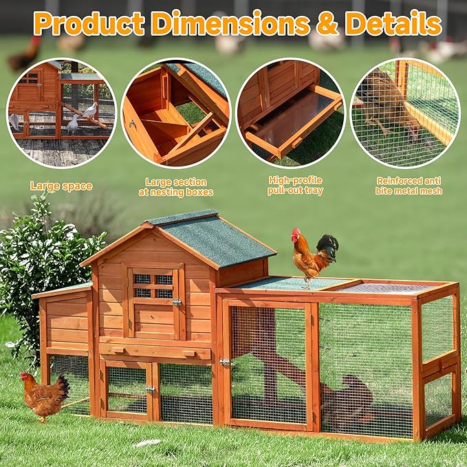 Large Chicken Coop Outdoor Durable Duck House Poultry Pet Hutch & 2 Wood Eggs Run Cage Nesting Box Waterproof Asphalt Roof Ramp Removable Tray Wire Fence for Backyard Small Animal79 Brown