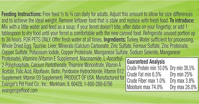 Evanger's Turkey Dinner for Ferrets & Exotic Pets – 12 Count, 6 oz Each – High Meat Content, Grain & Gluten Free, Single Protein, BPA-Free Packaging