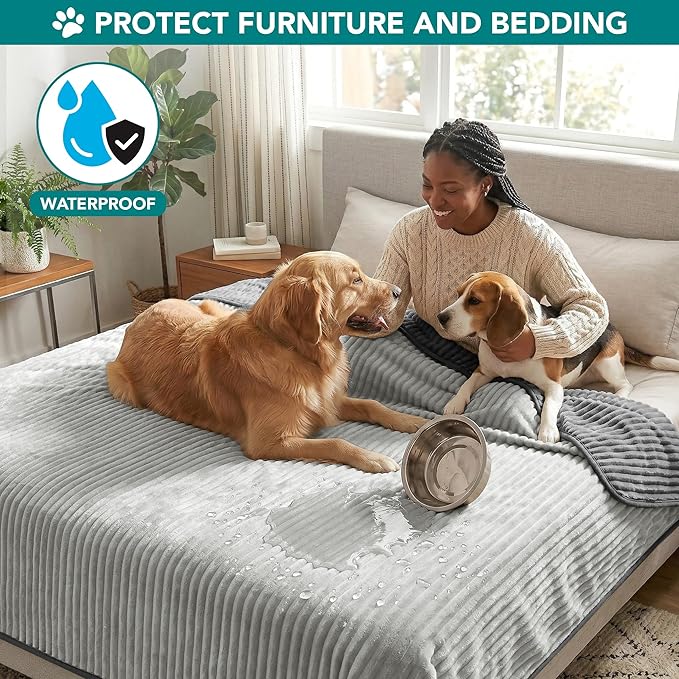 PetAmi Waterproof Dog Blanket, Leakproof Pet Blanket for Small Medium Large Dog, Reversible Furniture Bed Sofa Couch Cover Protector, Soft Striped Pet Throw for Indoor Cat, 40x60 in, Grey Light Gray