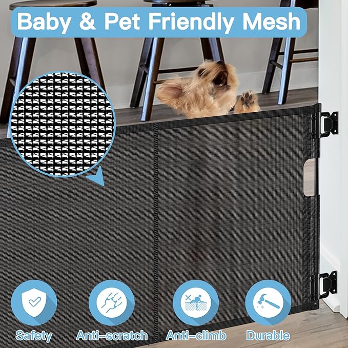 Short Dog Gate 0"-39" Wide Narrow Baby Gate 24” Tall Retractable Short Pet Gate to Step Over Short Baby Gate for Doorway, Low Pet Gate Indoor Doggie Gates Mesh Puppy Gate for Stairs, Black