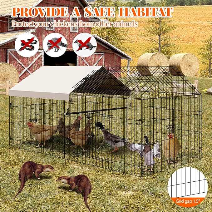 Metal Chicken Coop, Chicken Run for Yard with Cover, Outdoor Metal Chicken Cage with 4 Door and 1 Window for Outside Duck Rabbit Hen, 86"×40"×40"