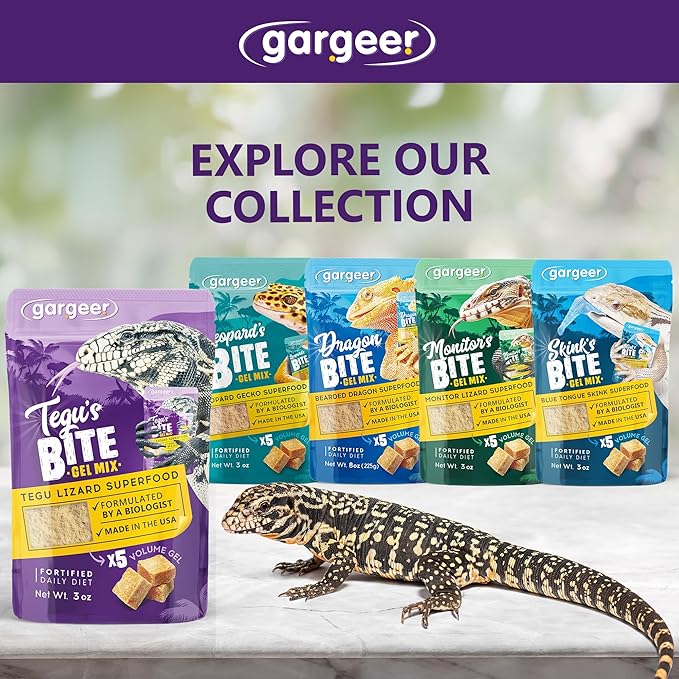 Gargeer 3oz Tegu Lizard Food. Complete Gel Diet for Both Juveniles and Adults. Proudly Made in The USA, Using Premium Ingredients, Fortified Gourmet Formula. Enjoy!