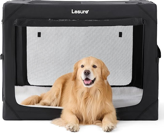Lesure Collapsible Dog Crate - Portable Travel Kennel for Extra Large Dog, 4-Door Pet Crate with Mesh Windows, Indoor & Outdoor, Black