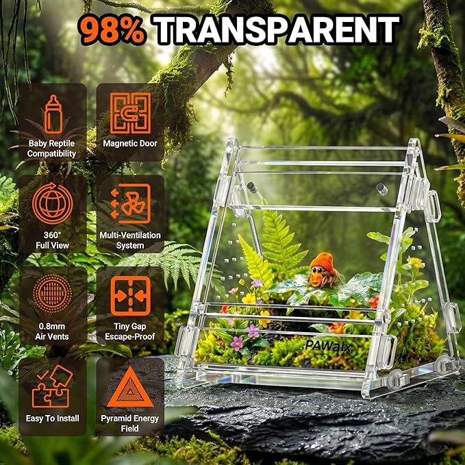 Triangular Jumping Spider Enclosure, Acrylic Terrarium with Magnetic Doors, 0.8mm Micro-Ventilation& Escape-Proof Design for Tarantulas, Lizards, Small Pets, 3.5”x3.5”x3.5”