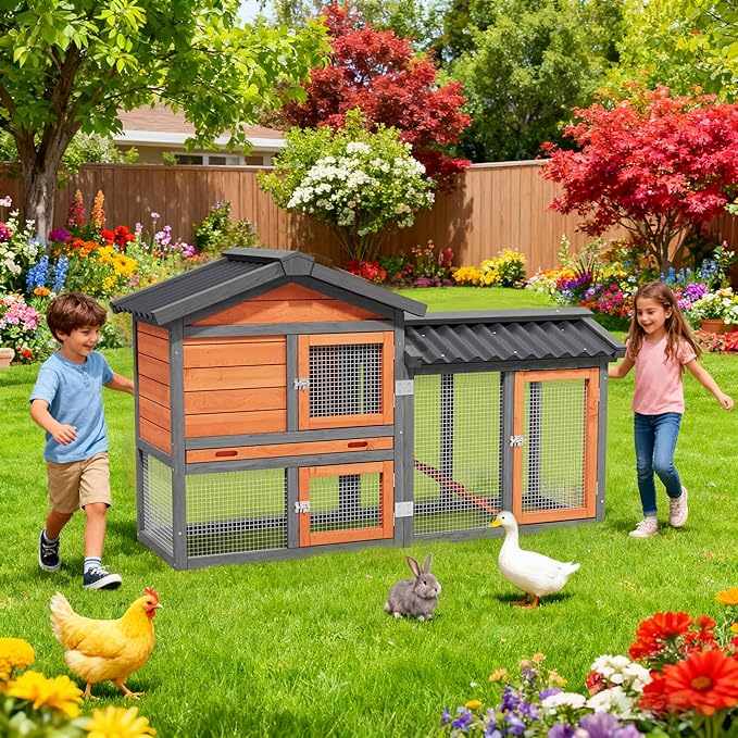 Chicken Coop, Chicken Run,Small Wooden Duck Coop Outdoor 2-Tier Hen House All Weather Used Poultry Quail Cage Rabbit Pet Hutch House with Ramp for Small Animals (Brown)