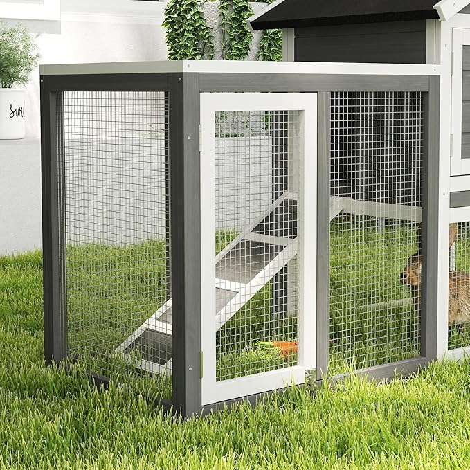 PawHut 49" Wooden Rabbit Hutch Bunny Cage with Waterproof Asphalt Roof, Fun Outdoor Run, Removable Tray and Ramp, for Rabbits, Chickens, Ducks, Gray