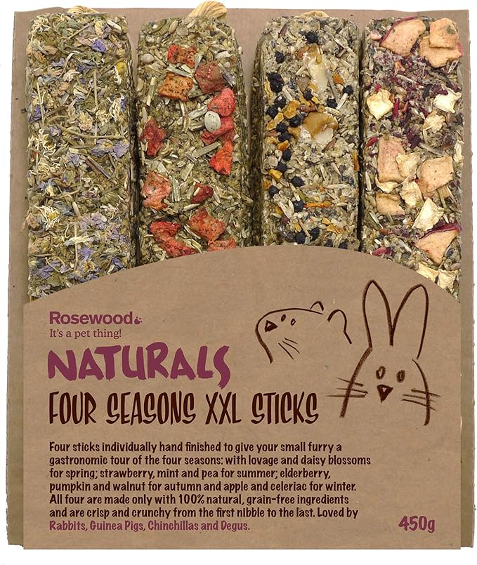Rosewood Naturals Small Animal Treats Four Seasons Grain-Free XXL Sticks for Rabbit Owners, Small Breeds, 0.45kg, 450g, Strawberry, Elderberry, Pumpkin, Apple