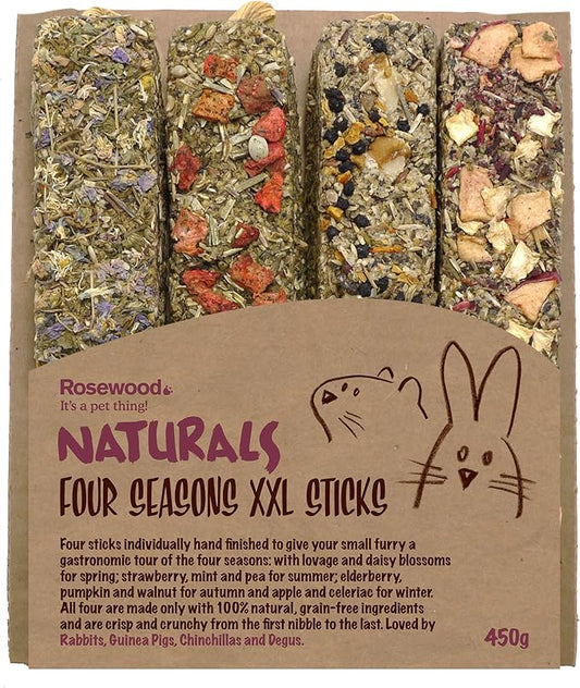 Rosewood Naturals Small Animal Treats Four Seasons Grain-Free XXL Sticks for Rabbit Owners, Small Breeds, 0.45kg, 450g, Strawberry, Elderberry, Pumpkin, Apple