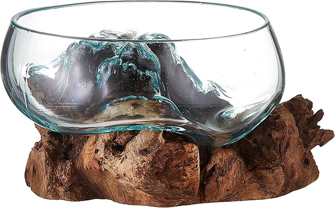 Cohasset Molten Glass | #658-20 | Wide Mouth Molten Glass | Terrarium | Fairy Garden | Approximately 8" Wide | Natural Wood and Recycled Glass |