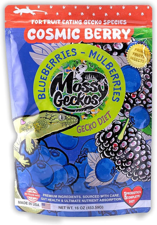 Complete Gecko Diet for Fruit and Insect Eating Geckos, 2 oz & 16 oz, with Human-Grade Dried Fruit, Probiotics and Vitamins (16 oz, Cosmic Berry - Blueberry, Mulberry & Banana)
