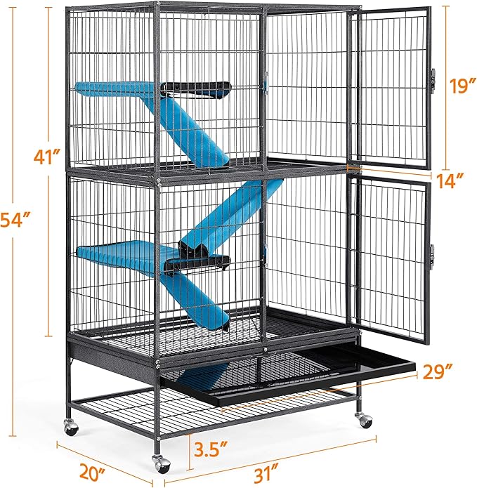 Topeakmart Small Animals Cages Ferret/Guinea Pigs/Chinchilla/Rabbit Cages 2-Story Rolling Metal Cage w/ 2 Removable Ramps &Litter Box, Hammock,Black