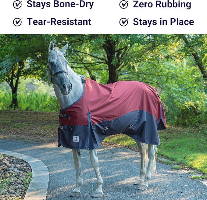 Horse Turnout Rain Sheet | 600 Denier Ripstop Turnout Blanket No Fill (0g) | Waterproof Lightweight Breathable | Tear-Resistant Outer & Rub-Free Silky Inner | Burgundy/Navy - 70 in