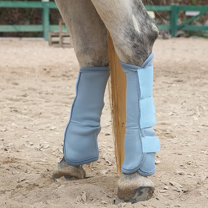 LEAFOREST Horse Fly Boots Set of 4 - Non Slip Leg Protection for Donkey Mini Pony Draft, Breathable Mesh Fly Boots for Pasture & Barn Use Light Blue Full