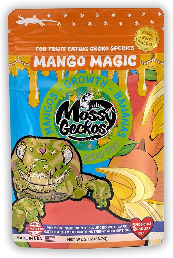 Complete Gecko Diet for Fruit and Insect Eating Geckos, 2 oz & 16 oz, with Human-Grade Dried Fruit, Probiotics and Vitamins (2 oz, Mango Magic - Mango & Banana)