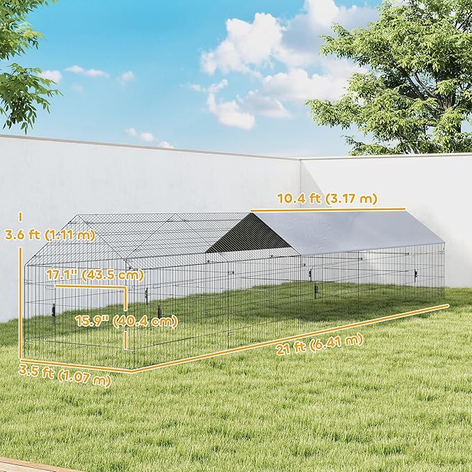 PawHut Metal Chicken Coop, Large Chicken Run with Water-Resistant & Anti-UV Cover for 7-9 Hens, Outdoor Hen House Rabbit Hutch with 10 Doors for Duck, Small Animal, for Backyard, 21' x 3.5' x 3.6'