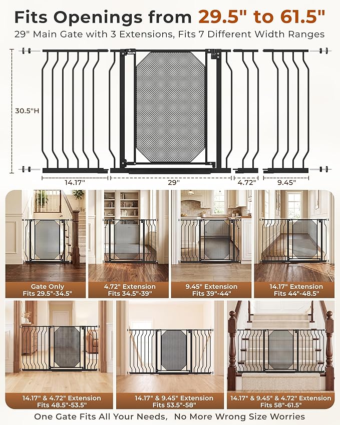 29.5-61.5" Extra Wide Baby Gate for Stairs, Child & Pet Proof, No-Drill Pressure Mount Auto Close One-Hand Operation, Indoor Dog Gate for Doorways, 7 Adjustable Sizes, 30.5" Tall, Black