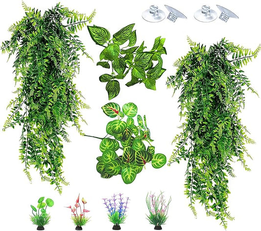 Reptile Plants for Terrarium Tank – Bearded Dragon Tank Accessories, Artificial Hanging Plant Vines, Habitat Decor & Hide for Crested Gecko, Lizard, Snake, Chameleon and Ball Pythons (Group A)