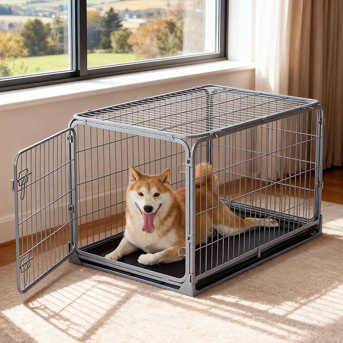 ZOMISIA Collapsible Dog Crate for Medium Dogs - Foldable 36 inch Escape Proof Metal Dog Kennel with Double Door, Dog Cage with Removable Tray for Indoor Outdoor, Silver Gray