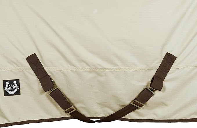 Horse Blanket 600D Ripstop Winter Turnout Blanket, 250 GSM Polyfill, 100% Waterproof & Breathable, Cold Weather Horse Blanket with Secure Fit (Tan w/Brown Trim),Size-75