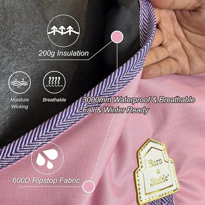 BARN & STABLE 600Denier 3000mm/3000mvp Super Waterproof & Breathable Horse Blankets for Winter with 200g Fill (Pink/Blue, 75 Inch)