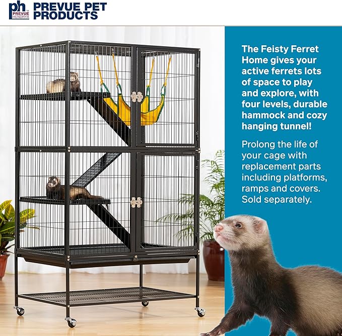 Prevue Pet Products Feisty Ferret Home Bundle with Stand, Black Hammertone with Hammock and Suede Ferret Tunnel