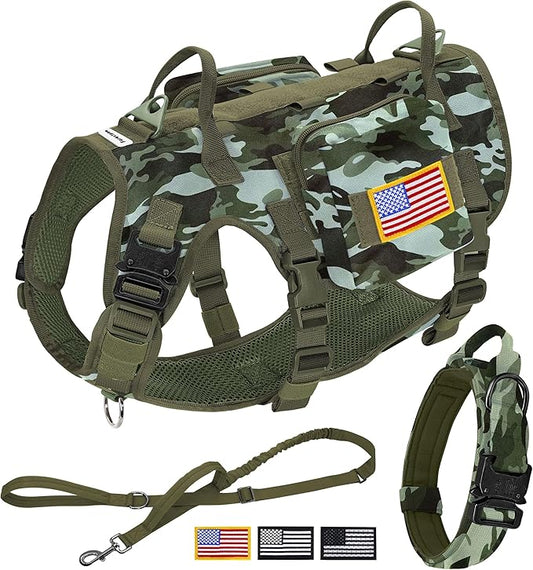 Forestpaw Tactical Dog Harness Tactical Dog Collar with Bungee Leash Set,No Pull Military Dog Harness for Walking Training,Adjustable for Medium Large Dogs,Camouflage Green,Chest 21.5-45"