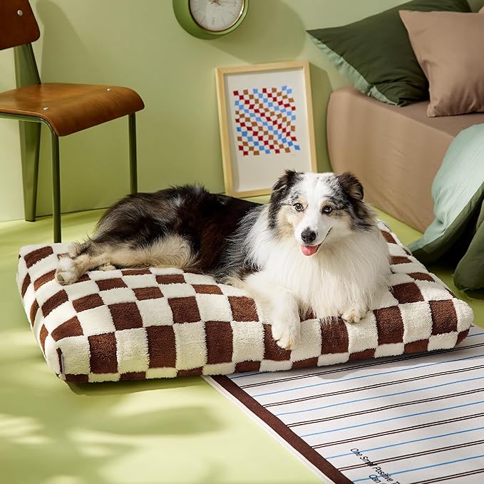 LE SURE XLarge Dog Bed-Thick Shredded Chopped Foam Pet Bed as Gift for Indoor with Removable Cover, Cute Modern Fuzzy Plush & Anti Slip Bottom, Brown
