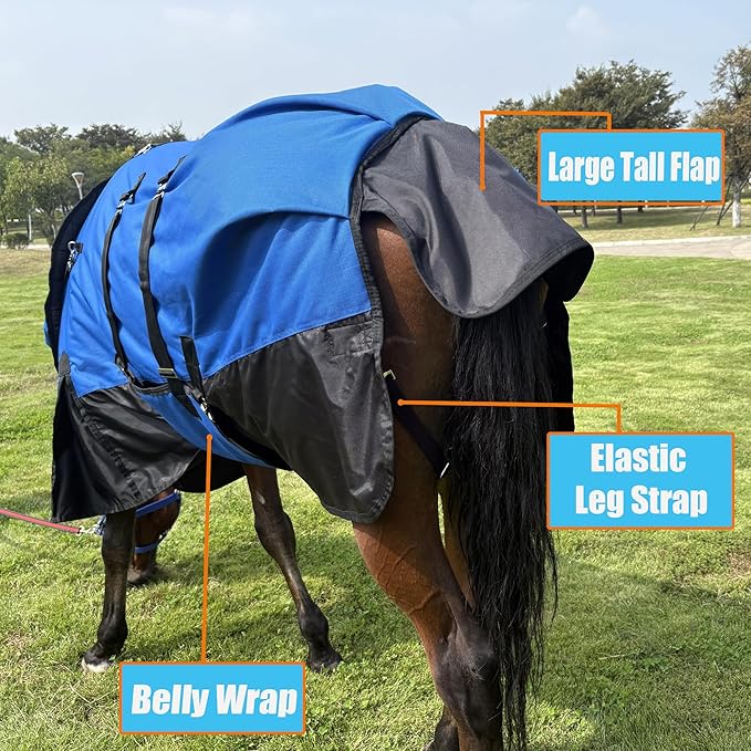 Horse Turnout Blanket, Heavy Weight Horses Blanket with 300g Poly Filling, Neck Cover & Belly Wrap, 1680D Waterproof Winter Blankets for Horses (Blue, US72 in(EU 135 cm))
