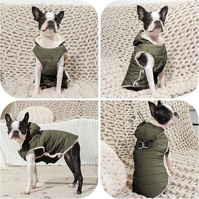 Vecomfy Fleece Lining Dog Hoodie with Harness Built in,Extra Warm Small Dog Jacket in Winter Puppy Coats with Drawstring Hooded,Green S