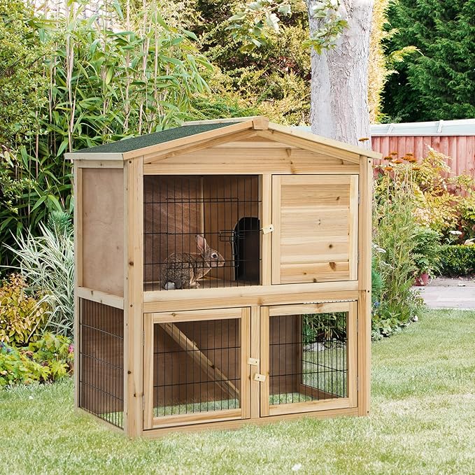 Tangkula Wood Chicken Coop and Rabbit Hutch, Indoor Outdoor Bunny Hutch with Ramp & Run, Hen Guinea Pig Cage with Waterproof Roof Ventilation Door, Pet House for Small Animals, 40 x 18.5 x 35.5 Inch