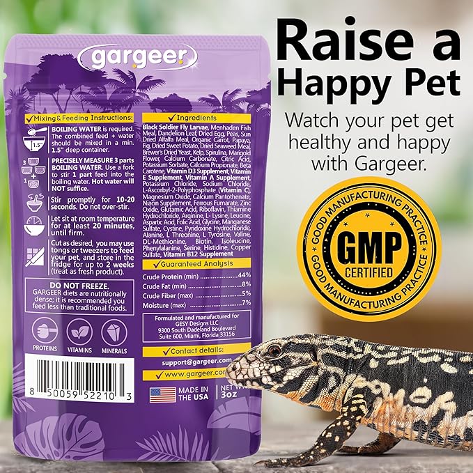 Gargeer 3oz Tegu Lizard Food. Complete Gel Diet for Both Juveniles and Adults. Proudly Made in The USA, Using Premium Ingredients, Fortified Gourmet Formula. Enjoy!