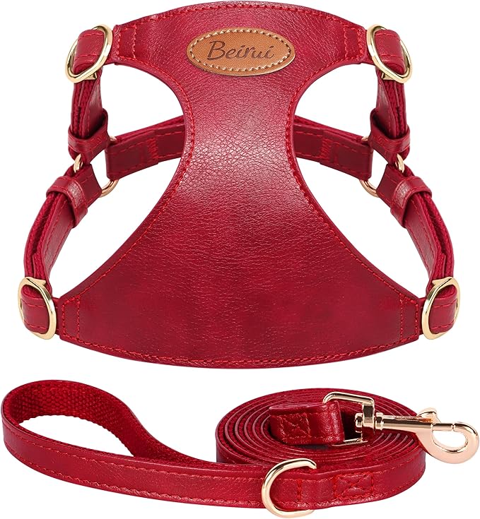 Beirui ‌Stylish PU Leather Dog Harness‌ and Leash Set for Small Dogs, ‌Adjustable Step in Dog Vest Harness with Breathable Mesh Lining and Durable Metal Buckle for Walking Traveling(Red,S)