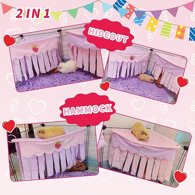 2 PCS Guinea Pig Hideout, Cute Guinea Pig Corner Fleece Forest Hideaway 3-Side Curtain, Rabbit Hammock Toy and House Bed for Bunny, Ferret, Rat and Small Animal Cage Accessories (Pink+Purple)