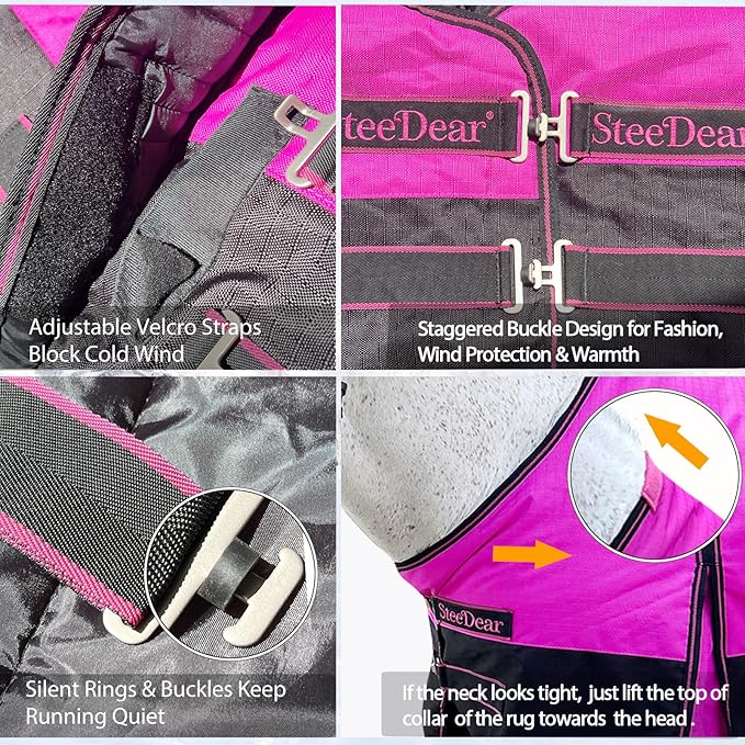 300g Fill 1200D Mid-Heavy Weight Winter Waterproof and Breathable Horse Blanket Belly Straps| Turnout Blankets with Reflective Strips (Hot Pink/Black, 72'')