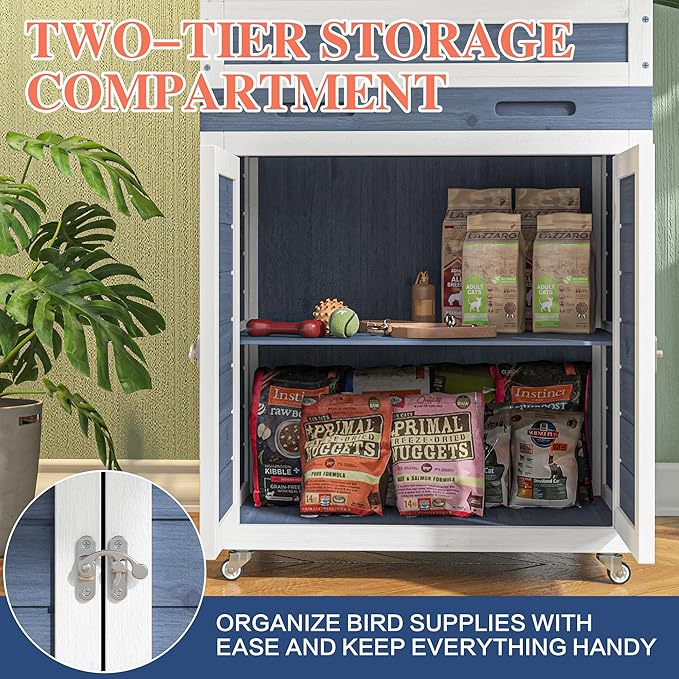 59" H Wooden Outdoor Bird Aviary on Wheels, Bird Cage with Storage & Pull-Out Tray for Small Birds, Finches, Parrots, Indoor Bird Cages with Feeder, Easy to Clean, Grey
