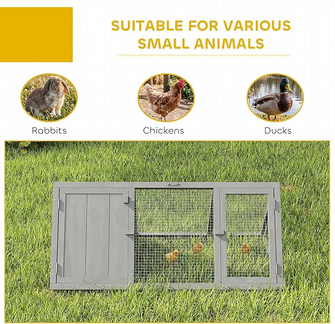 PawHut Rabbit Hutch Outdoor, Wooden Chicken Coop with Run, Outdoor Small Animal Cage for Rabbit, Small Duck and Chicken, for Garden, Backyard, Farms, 45" x 20.5" x 18", Grey