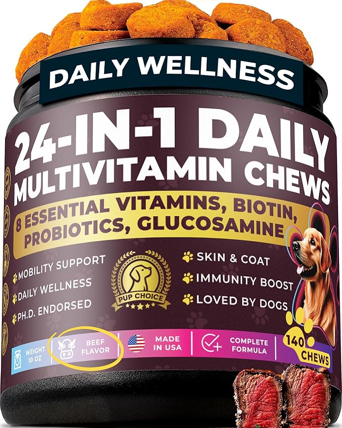 24-in-1 Dog Multivitamin Chews – Dog Vitamins and Supplements with Glucosamine, Chondroitin, Probiotics, Salmon Oil, Biotin – Daily Mobility, Digestion, Skin and Coat Support, Beef Flavor