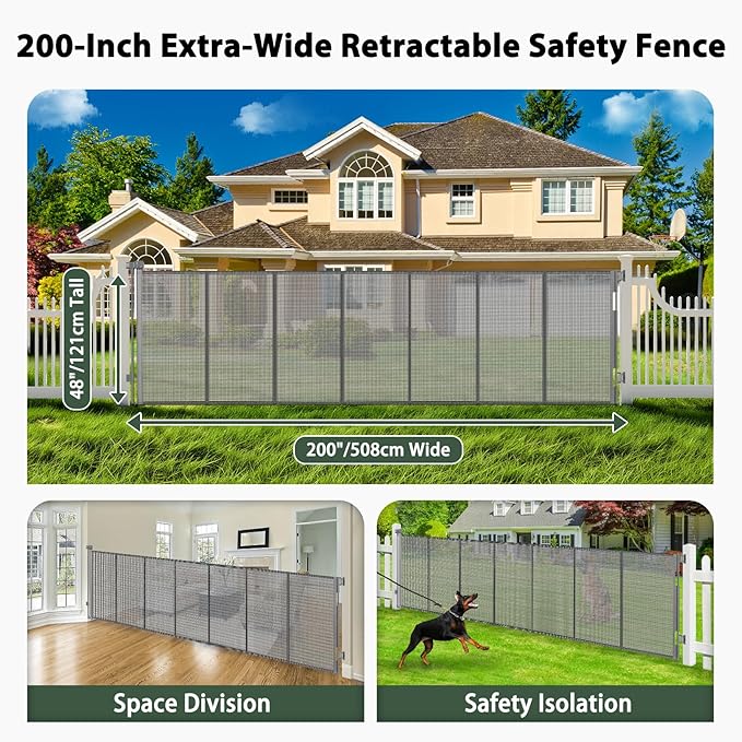 200" Extra Long Baby Gate Retractable Dog Gate, 16ft Retractable Baby Gate Extra Wide Garage Gate, 48" Tall Dog Gate Retractable Pet Gate for Wide Openings, Outdoor Retractable Driveway Gate, Gray