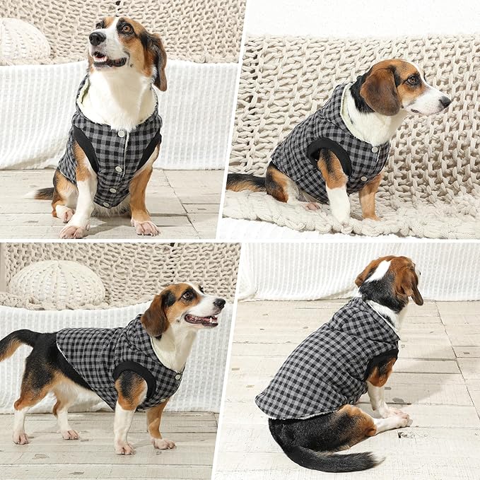 Vecomfy Fleece Lining Dog Hoodie for Medium Dogs Extra Warm Plaid Sweater with Drawstring Hooded Coats in Winter Doggie Jacket,Black XL