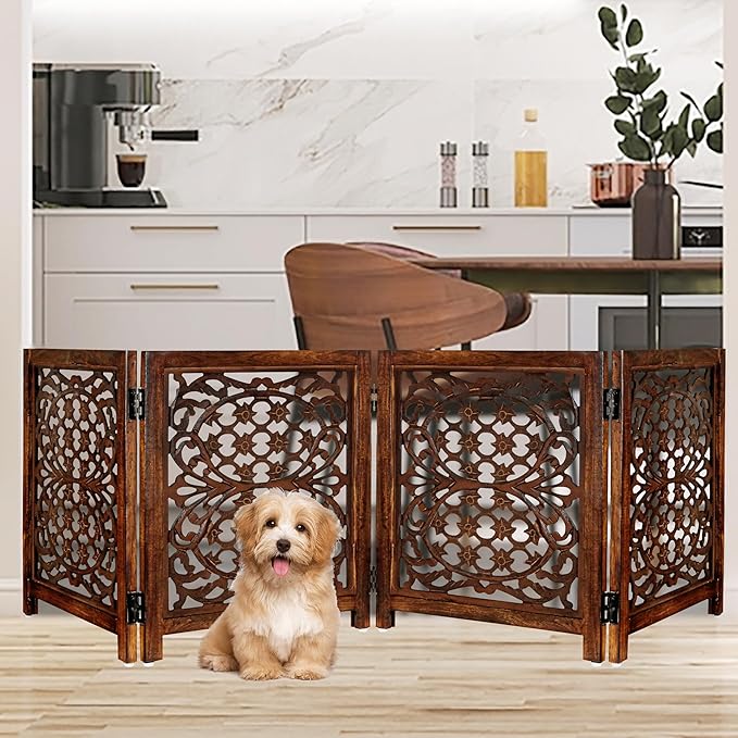 Lightnpro Foldable Carved Wooden Dog Gate with Stopper - Freestanding Indoor Pet Barrier for Home, Adjustable Dog Fence for Stairs, Doorways & Hallways - 24x18 Inch (4 Panels) Natural Burnt