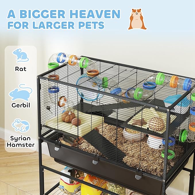 PawHut Large Hamster Cage with Deep Tray, 3 Tier Rolling Rat Cage with Storage Shelf, Big Exercise Wheel, Tube System, Hut, Platforms, Ramps, Food Dish, Water Bottle, for Syrian, Gerbil, Mouse