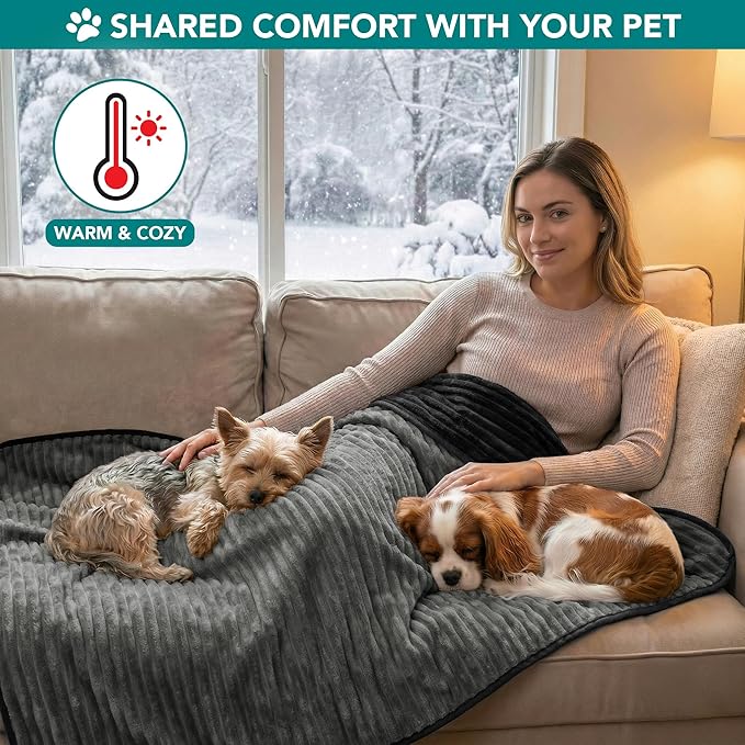 PetAmi Waterproof Dog Blanket, Leakproof Pet Blanket for Small Medium Large Dogs, Reversible Furniture Bed Sofa Couch Cover Protector, Plush Striped Pet Throw for Indoor Cat, 29x40 in, Black Grey