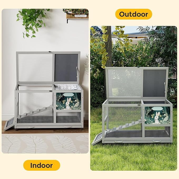 COZIWOW 36.5-Inch Double-Decker Wooden Rabbit Hutch with Wheels, Featuring A Cleaning Tray and Ladder—Stylish and Easy to Assemble（Grey and Pattern）