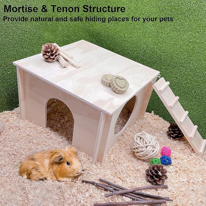 kathson Guinea Pig Hideout House,Wooden Chinchilla Hide Hut with Climbing Ladder and Windows, Hamster House for Mouse Hedgehog Squirrel Mice Gerbils Hiding Sleeping and Playing