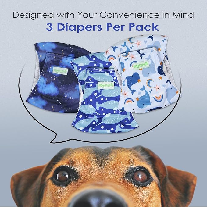 wegreeco Washable Dog Diapers - Washable Male Dog Belly Wrap - Pack of 3- (Whale, Large)