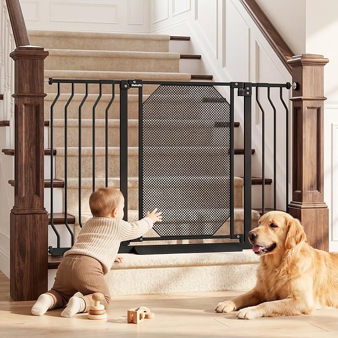 29.5-48" Baby Gate for Stairs, Child & Pet Proof, No-Drill Pressure Mount Auto Close One-Hand Operation, 30.5" Tall Indoor Dog Gate for Doorways, 4 Adjustable Sizes, Black