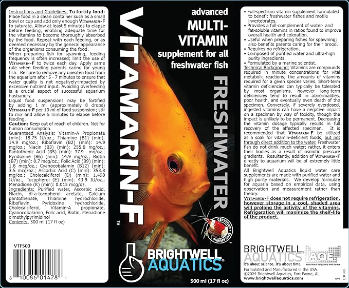 Brightwell Aquatics Vitamarin-F – Complete Vitamin Supplement for Freshwater Fish & Invertebrates – Supports Health, Color & Spawning – No Refrigeration, 250 ml